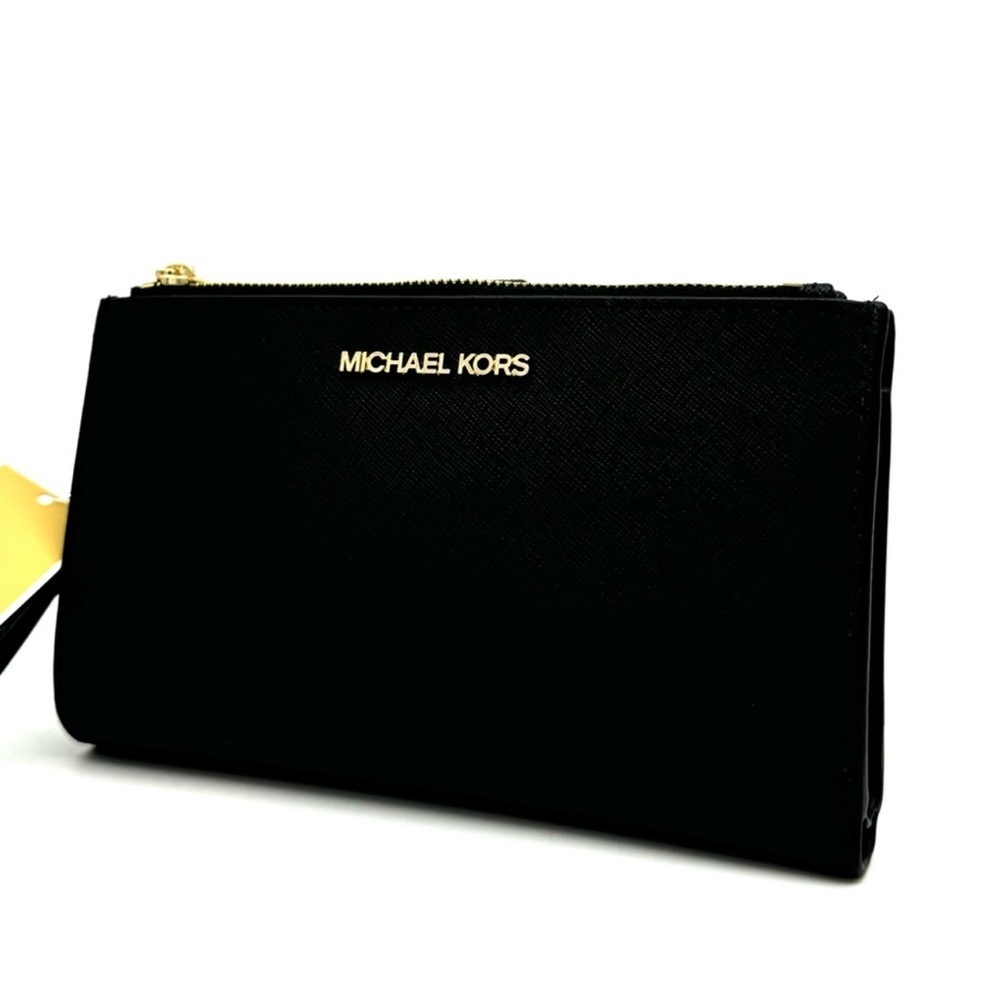 Michael Kors Large Double Zip Wallet Wristlet Black/Gold - Picture 3 of 9